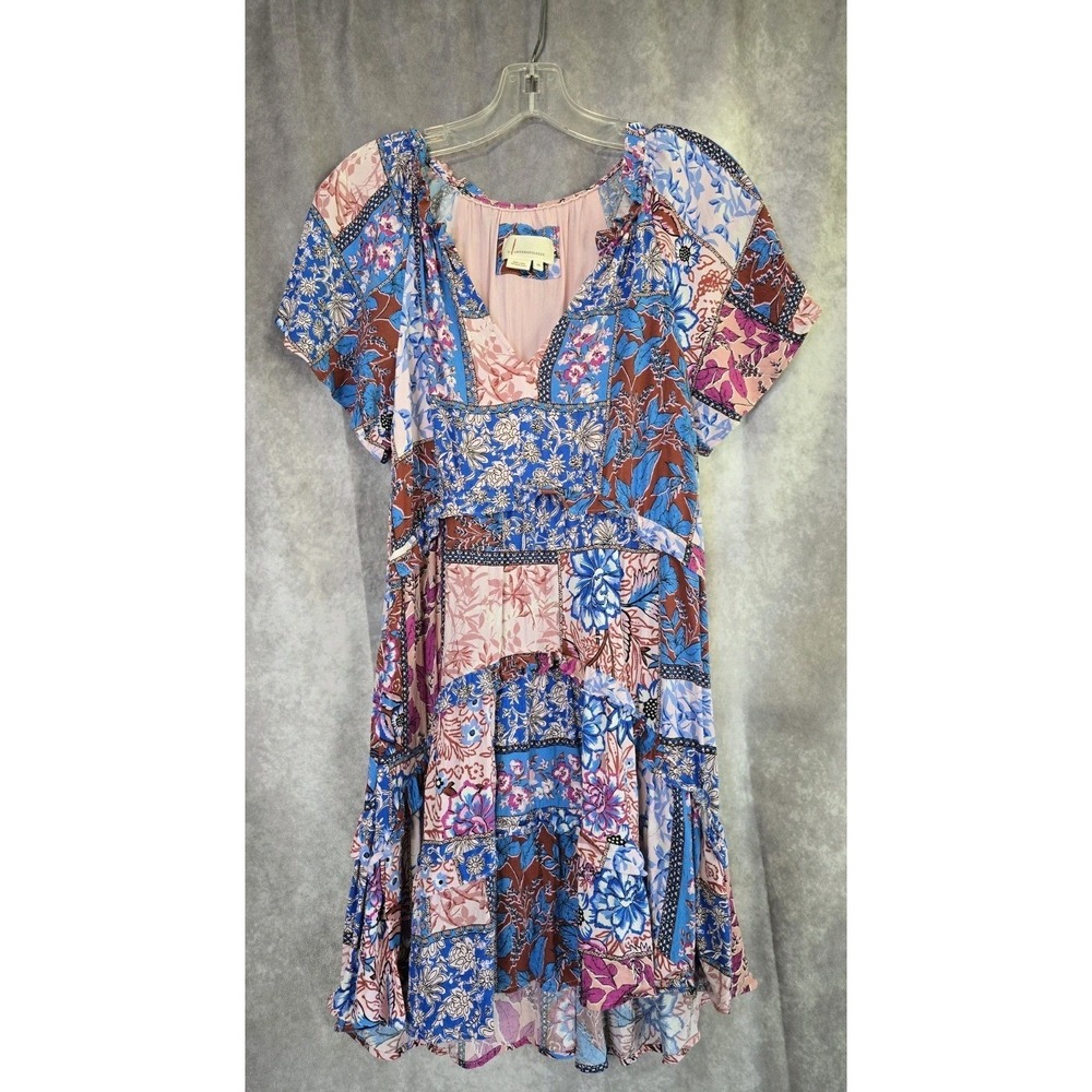 Anthropologie Robin Casual Dress XS Blue Pink Paisley Short Sleeve Patchwork